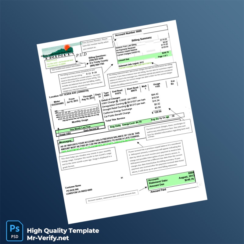 USA Trinity PUD Editable Utility Bill Template in Word and PDF formats 2 page USA Trinity PUD Editable Utility Bill Template in Word and PDF formats 2 page