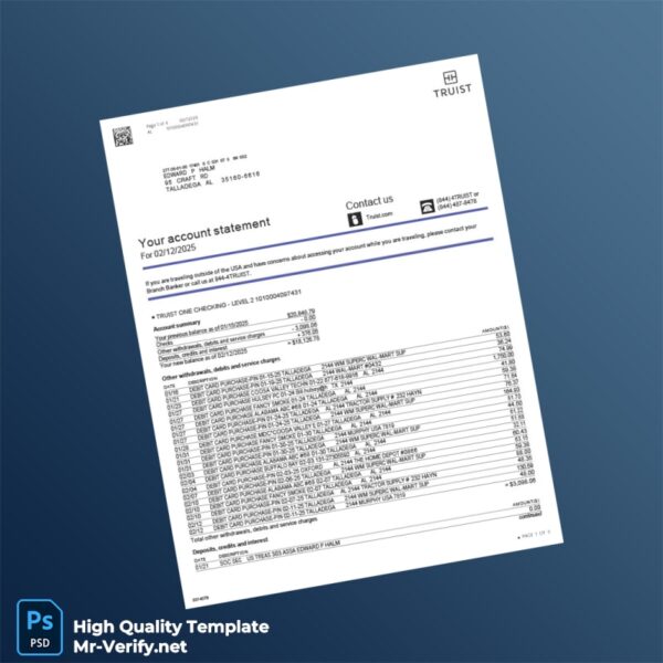 USA Truist Bank Statement Template in Word and PDF formats 3 page