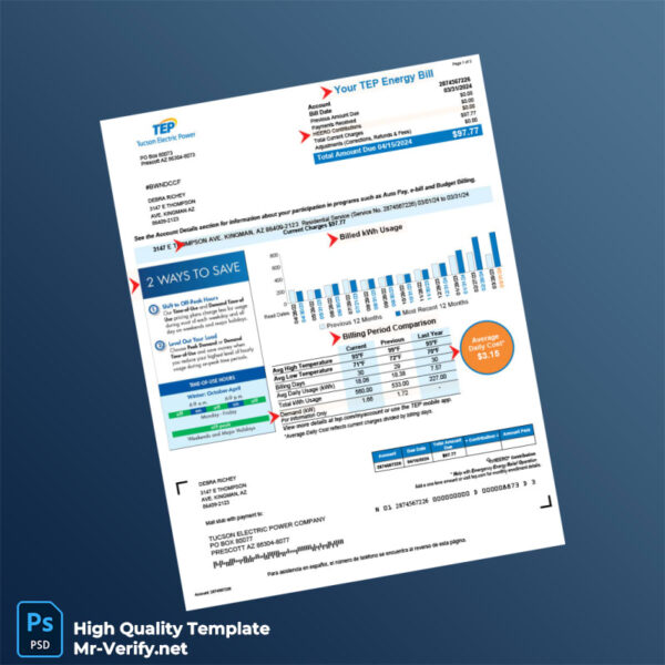 USA Tucson Electric Power Editable Electricity Bill Template in Word and PDF formats 2 page