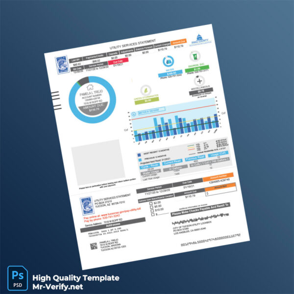 USA Tucson Water Editable Utility Services Statement Template in Word and PDF formats 2 page