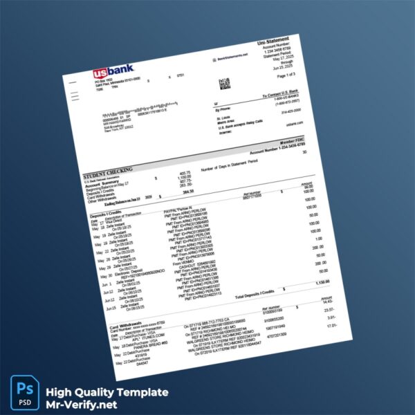 USA U S Bank Bank Statement Template in Word and PDF formats 3 page