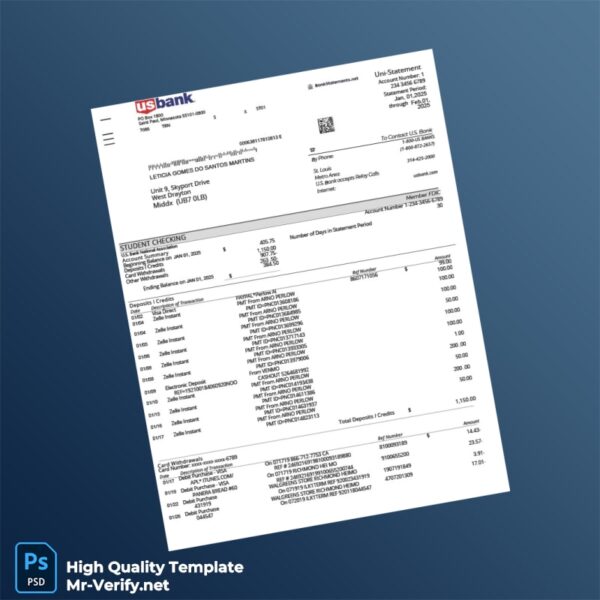 USA U S Bank Statement Template in Word and PDF formats 3 page