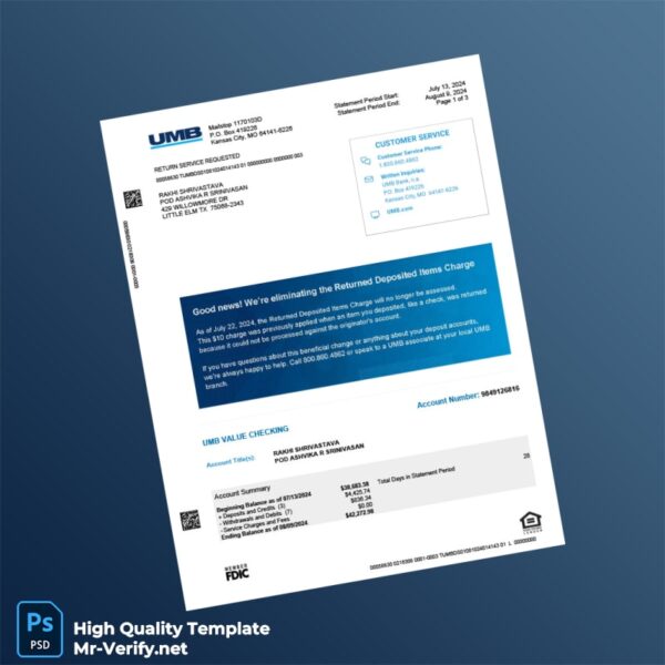 USA UMB Bank Account Statement Template in Word and PDF formats 3 page