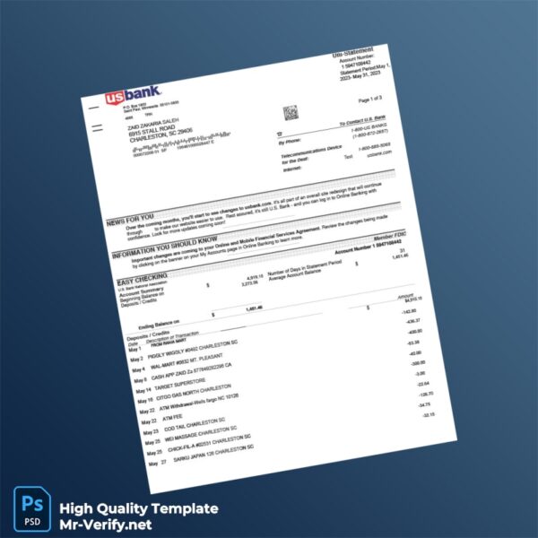 USA US Bank Bank Statement Template in Word and PDF formats 2 page
