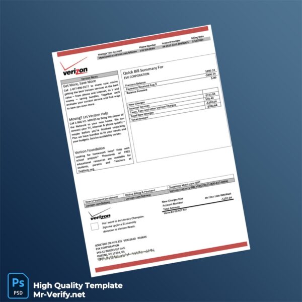 USA Verizon Editable Utility Business Bill Template in Word and PDF formats