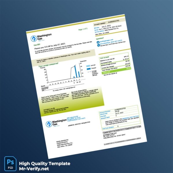 USA Washington Gas Editable Natural Gas Bill Template in Word and PDF formats 2 page