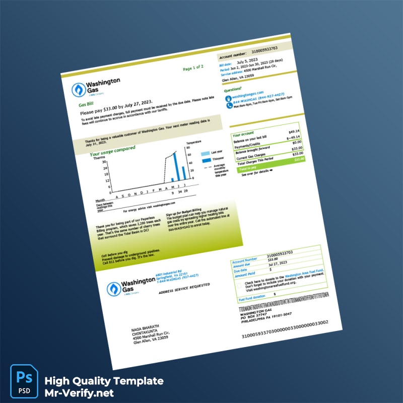 USA Washington Gas Editable Natural Gas Bill Template in Word and PDF formats 2 page USA Washington Gas Editable Natural Gas Bill Template in Word and PDF formats 2 page