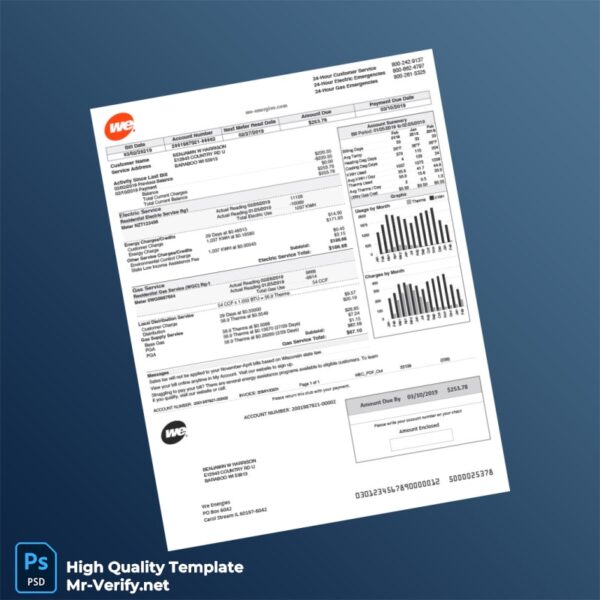USA We Energies Editable Electricity Bill Template in Word and PDF formats