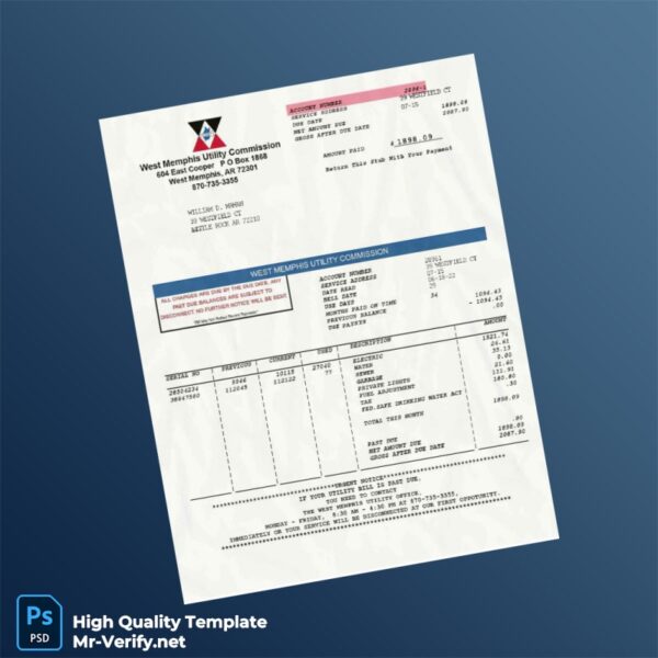 USA West Memphis Utility Commission Editable Utility Bill Template in Word and PDF formats