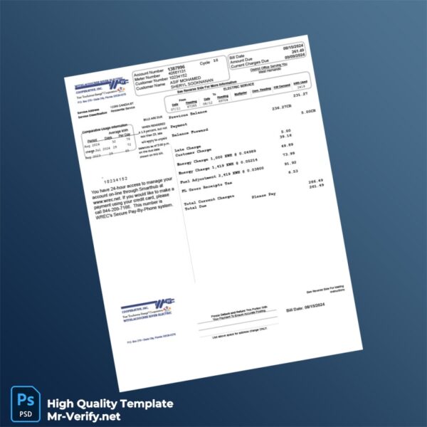 USA Withlacoochee River Electric Cooperative Editable Electric Bill Template in Word and PDF formats 2 page