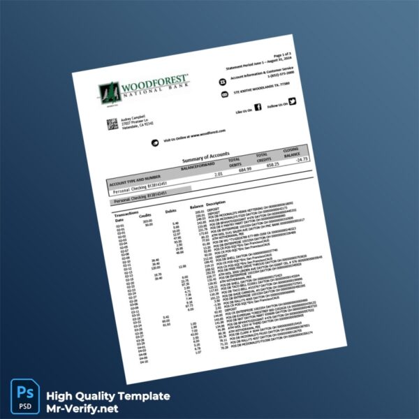 USA Woodforest National Bank Statement Template in Word and PDF formats 3 page