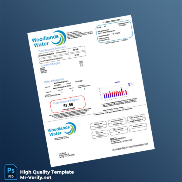 USA Woodlands Water Editable Water Bill Template in Word and PDF formats