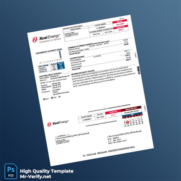 USA Xcel Energy Editable Electricity Bill Template in Word and PDF formats 2 page
