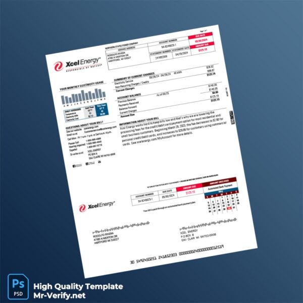 USA Xcel Energy Editable Utility Bill Template in Word and PDF formats