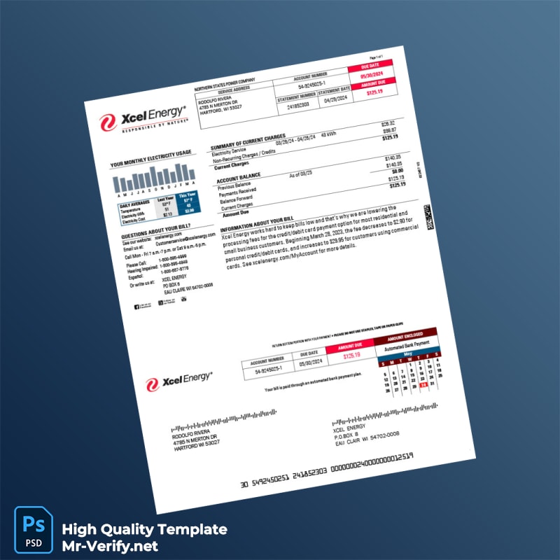USA Xcel Energy Editable Utility Bill Template in Word and PDF formats USA Xcel Energy Editable Utility Bill Template in Word and PDF formats