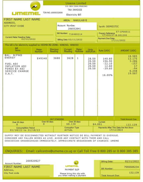 Uganda Umeme Editable Utility Bill Template in Word and PDF formats