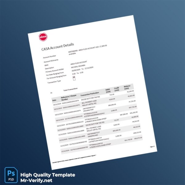 Uganda Absa Bank Statement Template in Word and PDF formats 3 page
