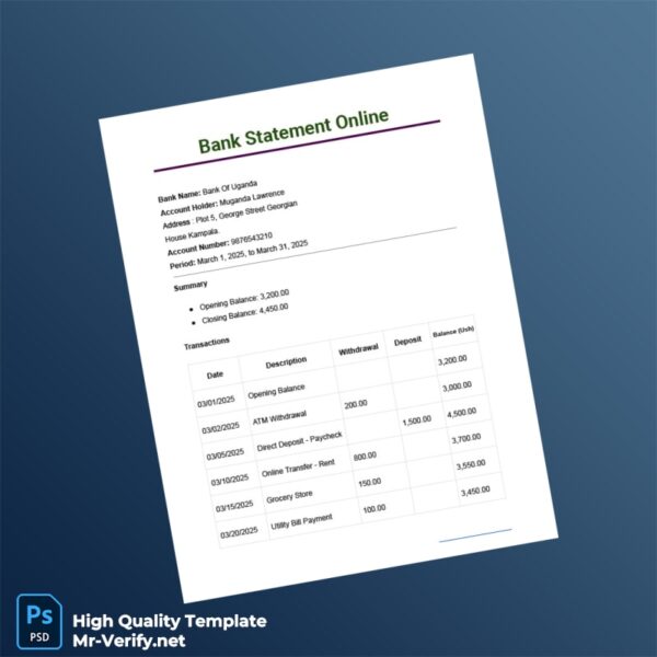 Uganda Bank Of Uganda Bank Statement Template in Word and PDF formats 2 page