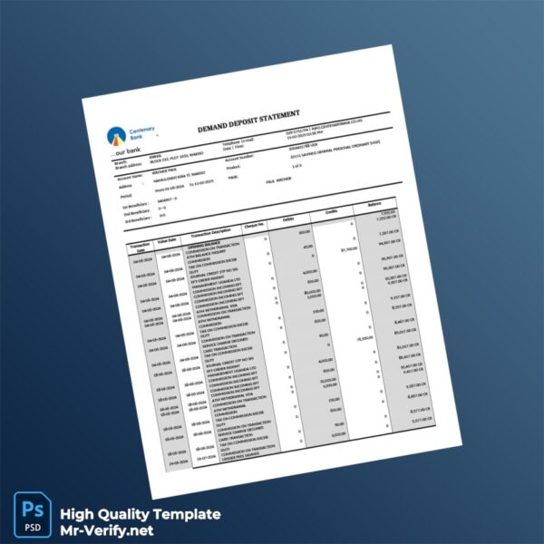 Uganda Centenary Bank Demand Deposit Statement Template in Word and PDF formats 3 page