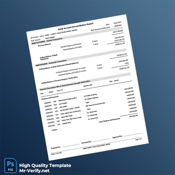 Uganda Charity Child Development Centre Financial Reconciliation Report Template in Word and PDF formats