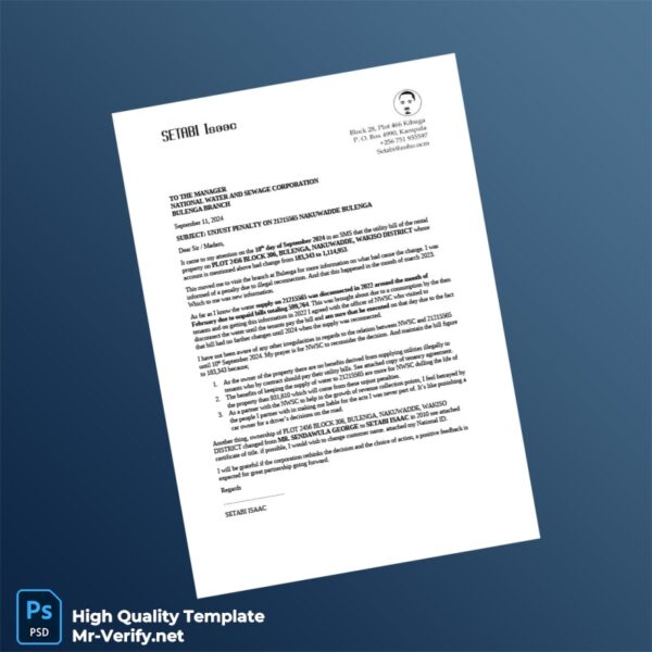 Uganda National Water and Sewage Corporation Editable Water Bill Template in Word and PDF formats