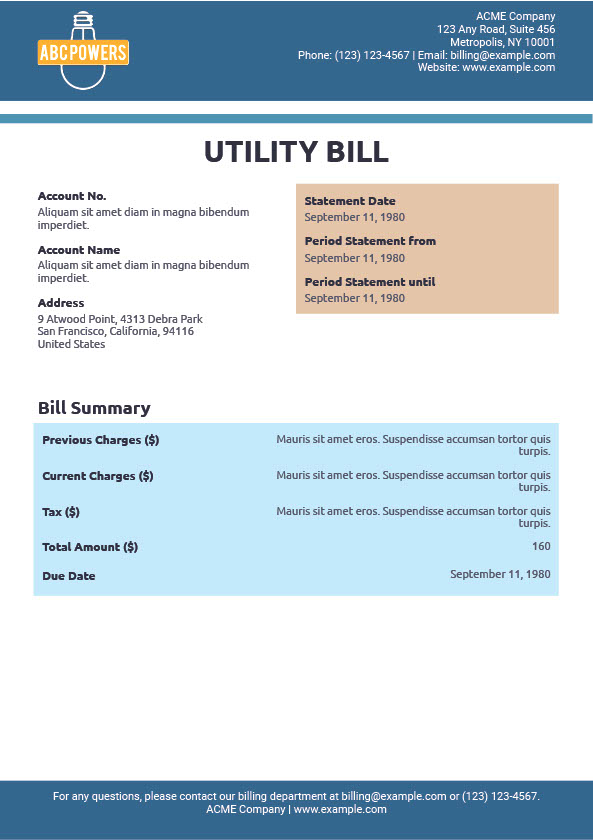 United States ACME Company Editable Utility Bill Template in Word and PDF formats 2 page