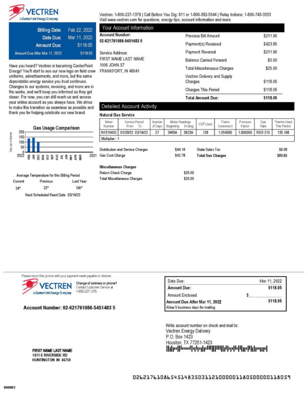 United States Vectren Editable Utility Bill Template in Word and PDF formats