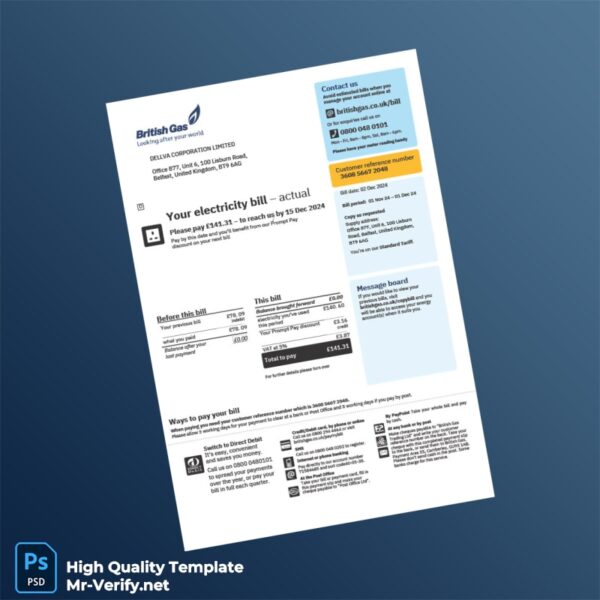United Kingdom British Gas Editable Electricity Bill Template in Word and PDF formats