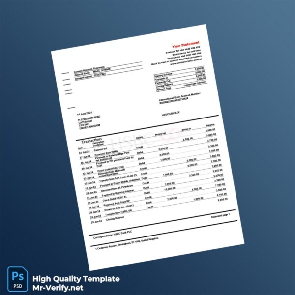 United Kingdom HSBC Bank Statement Template in Word and PDF formats