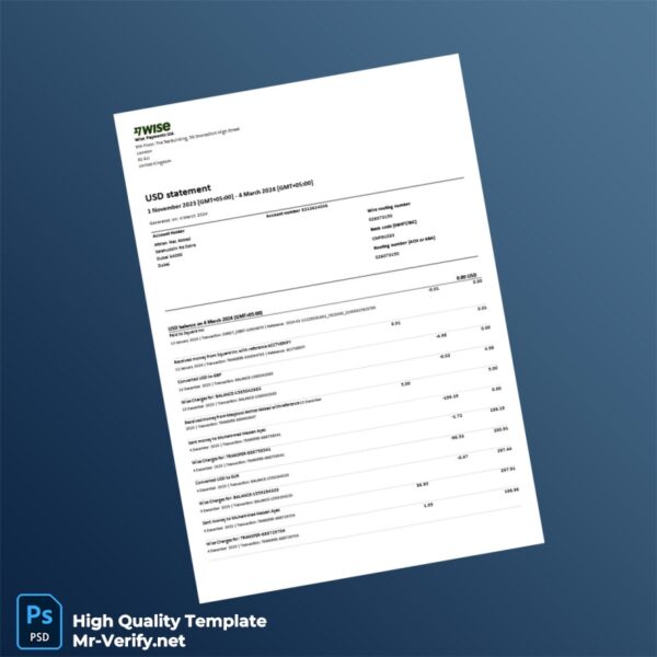 United Kingdom Wise Bank Statement Template in Word and PDF formats 2 page