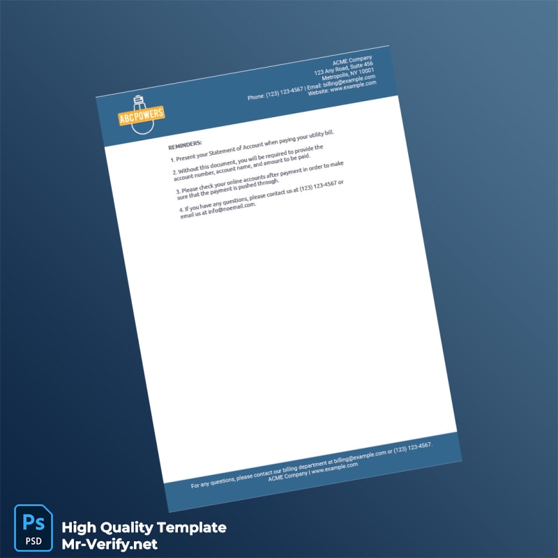 United States ACME Company Editable Utility Bill Template in Word and PDF formats 2 page United States ACME Company Editable Utility Bill Template in Word and PDF formats 2 page