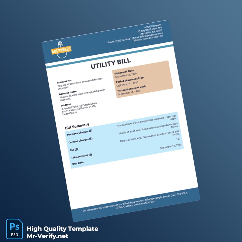 United States ACME Company Editable Utility Bill Template in Word and PDF formats 2 page United States ACME Company Editable Utility Bill Template in Word and PDF formats 2 page