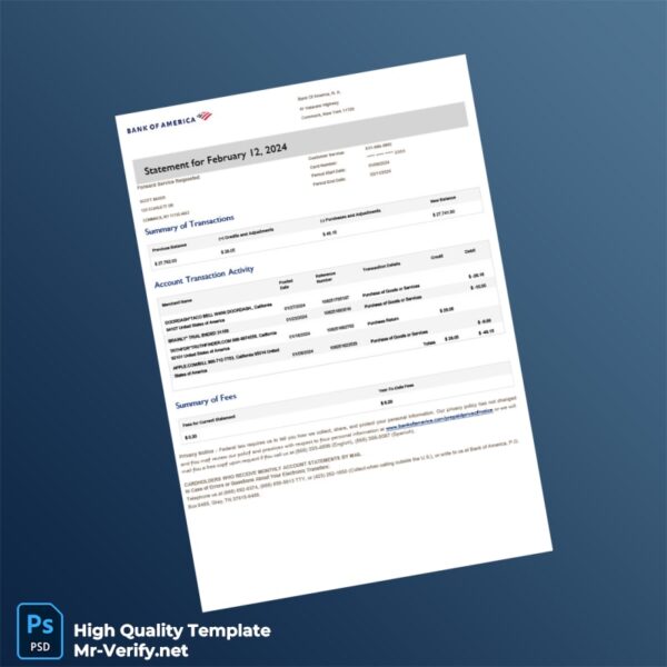United States Bank of America Billing Bank Statement Template in Word and PDF formats 2 page