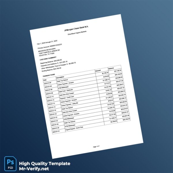 United States JPMorgan Chase Bank Editable Checking Account Statement Template in Word and PDF formats