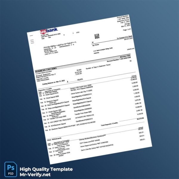 United States US Bank Statement Template in Word and PDF formats 3 page