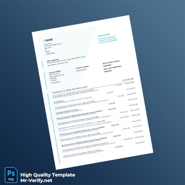 United States Wise Bank Statement Template in Word and PDF formats 2 page