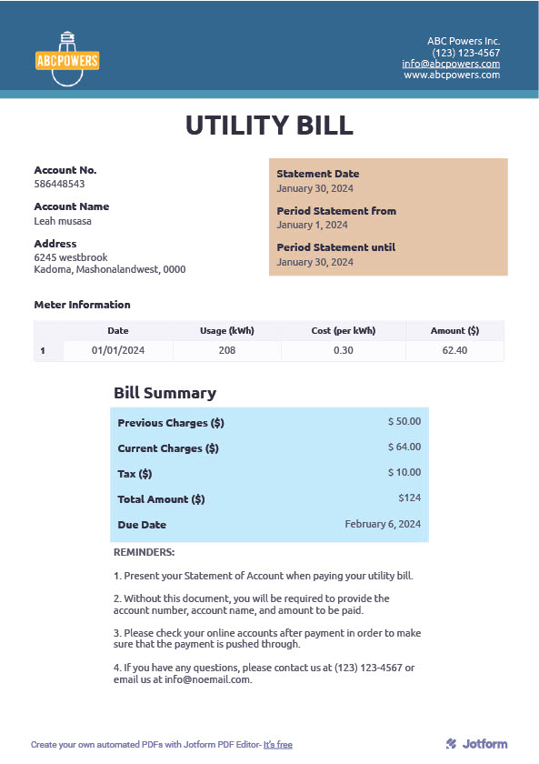 Utility Bill Editable Utility Bill Template in Word and PDF formats