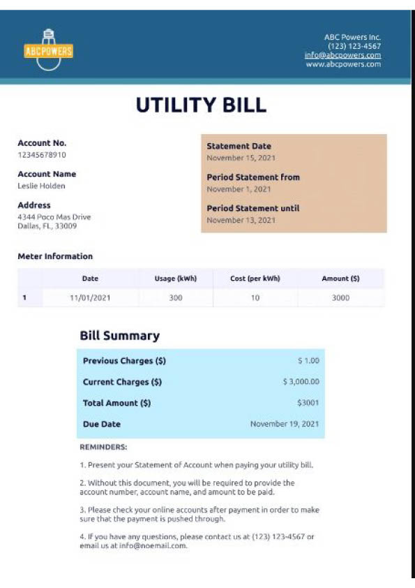 Utility Provider Editable Utility Bill Template in Word and PDF formats
