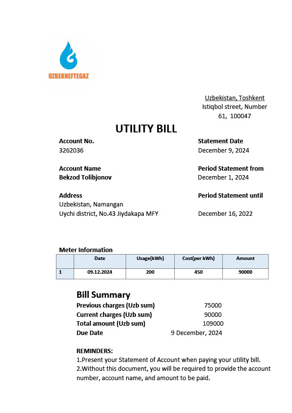 Uzbekistan Uzbekneftegaz Editable Utility Bill Template in Word and PDF formats 2 page