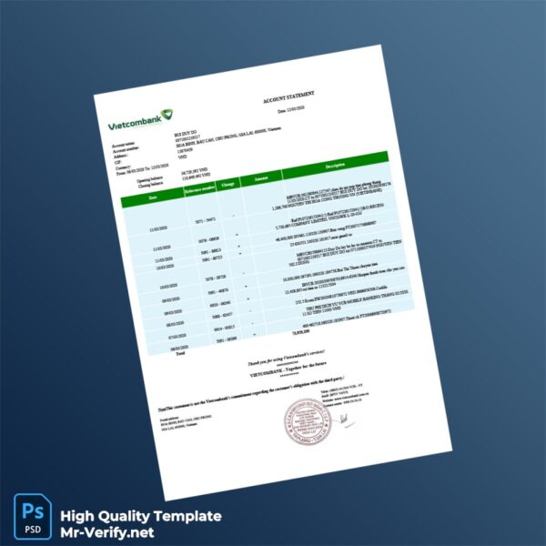 Vietnam Vietcombank Account Statement Template in Word and PDF formats