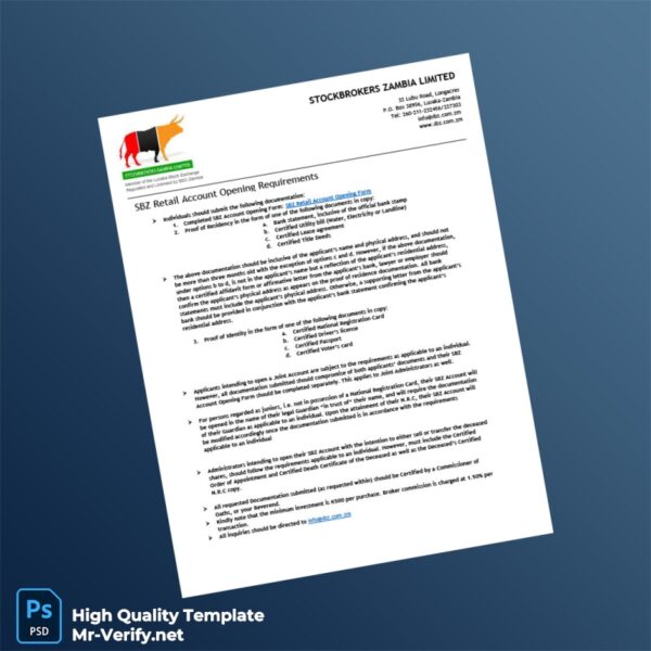 Zambia Stockbrokers Zambia Limited Editable Retail Account Opening Checklist and Form Template in Word and PDF formats 2 page