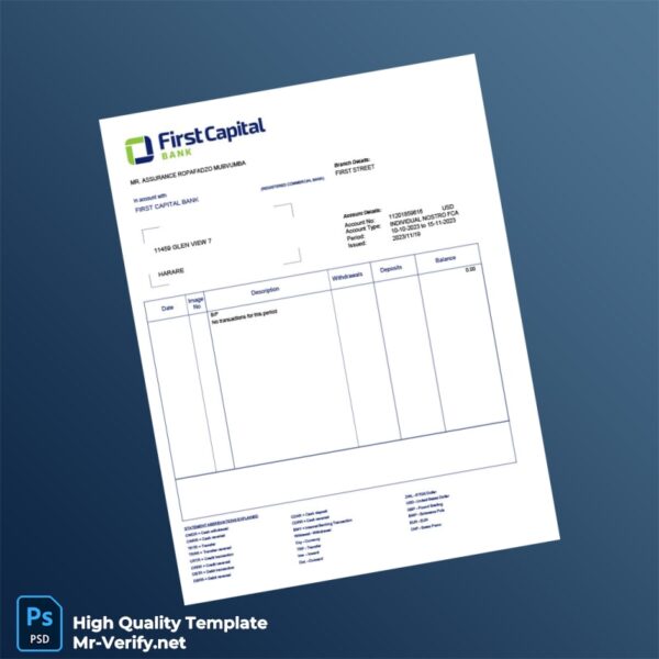 Zimbabwe First Capital Bank Bank Statement Template in Word and PDF formats