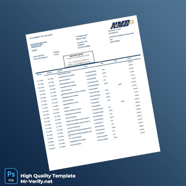 Zimbabwe HMD Bank Statement Template in Word and PDF formats 3 page
