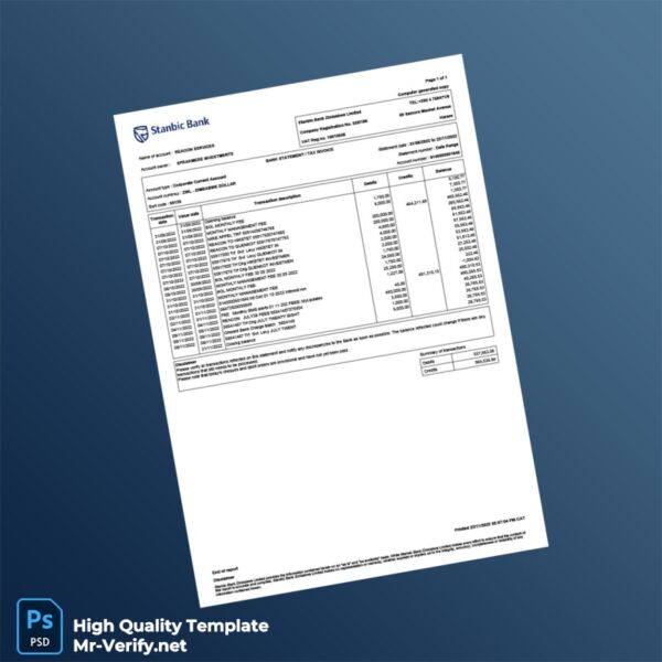 Zimbabwe Stanbic Bank Corporate Account Statement Template in Word and PDF formats