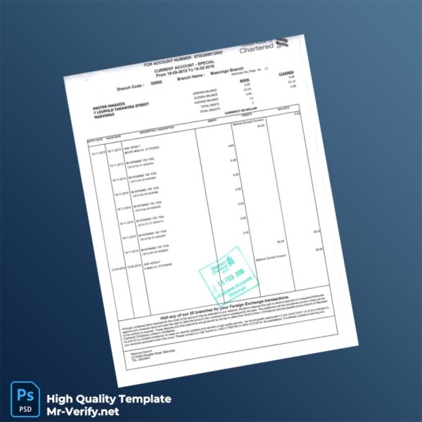 Zimbabwe Standard Chartered Bank Statement Template in Word and PDF formats 2 page