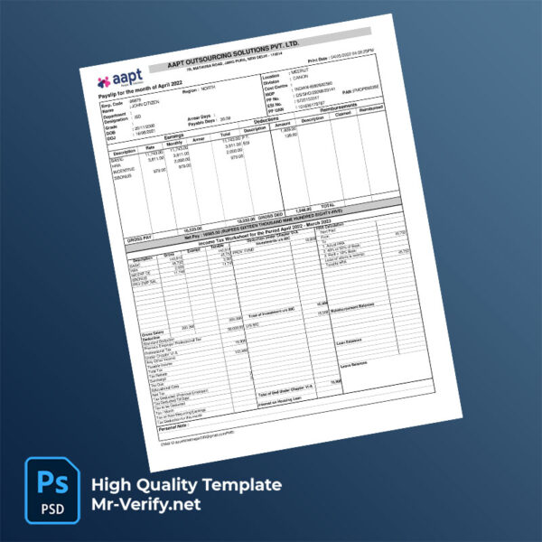 AAPT Outsourcing Solutions PVT LTD payslip word and pdf template