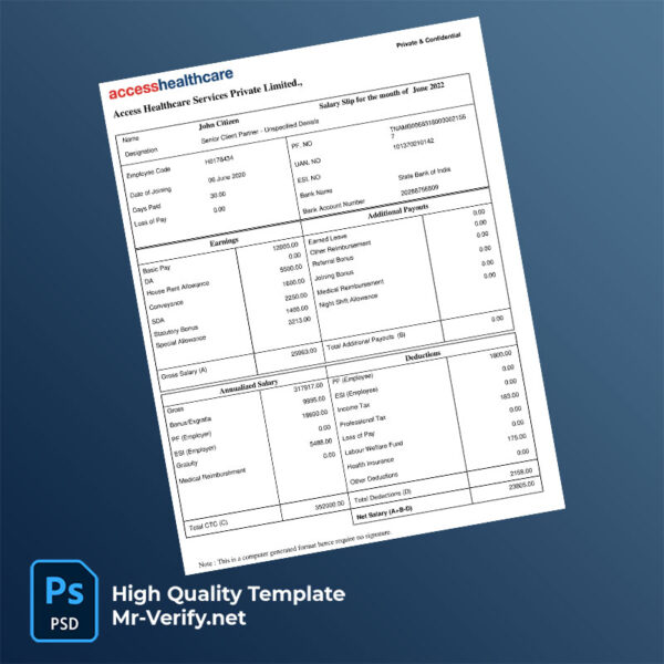 Access Healthcare Services Private Limited payslip word and pdf template