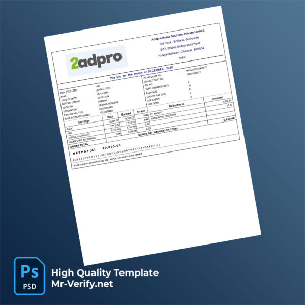 Ad2pro Media Solutions Private Limited payslip word and pdf template