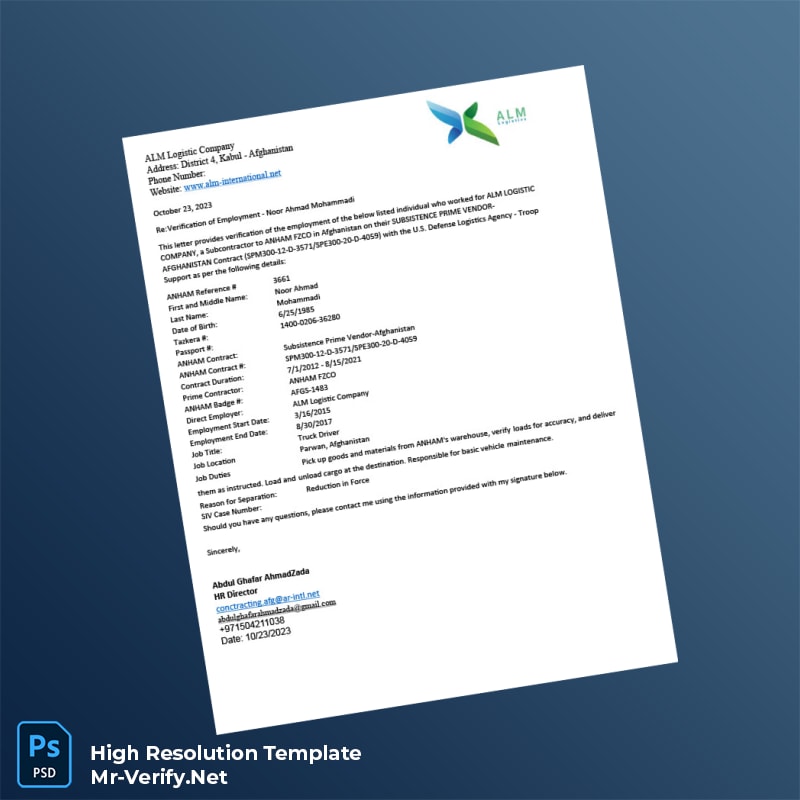 Editable Afghanistan ALM Logistic Company Employment Verification Letter Word and Pdf Template Editable Afghanistan ALM Logistic Company Employment Verification Letter Word and Pdf Template