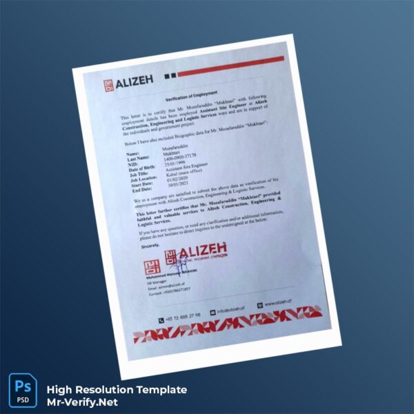 Editable Afghanistan Alizeh Employment Verification Letter Word and Pdf Template Editable Afghanistan Alizeh Employment Verification Letter Word and Pdf Template